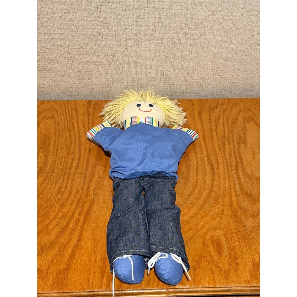 Vintage Handcrafted Boy Rag Doll Blonde Yarn Hair Denim Pants Blue Shirt